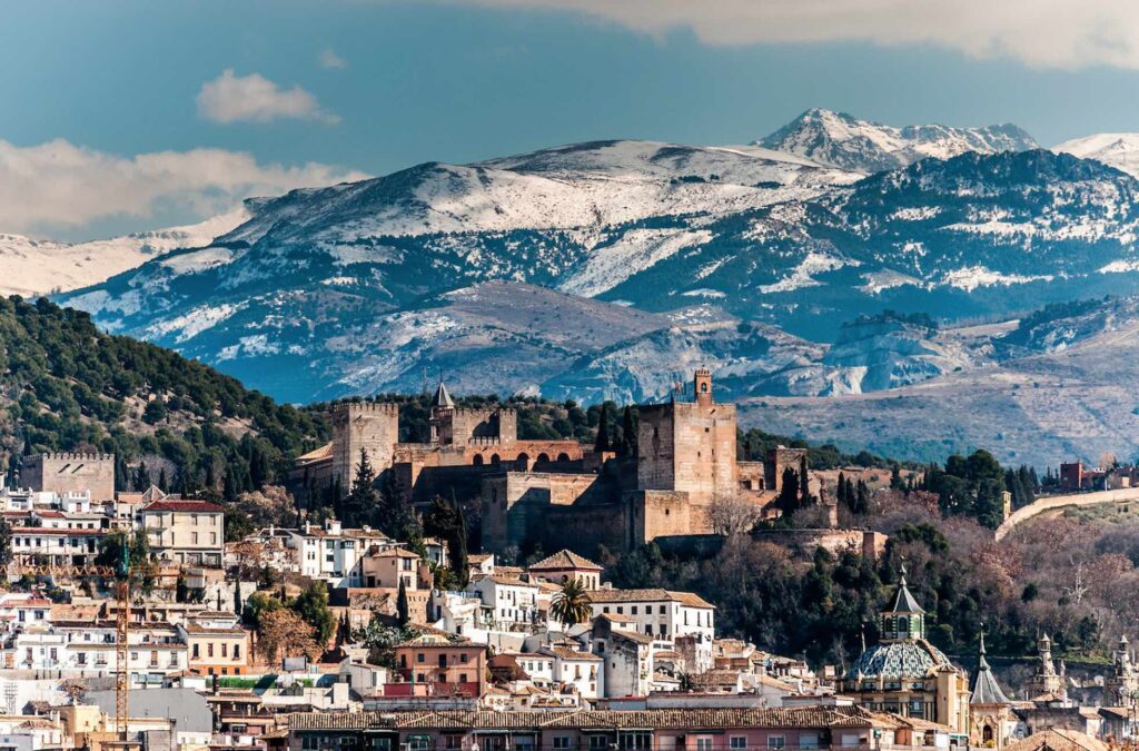 The Alhambra in Granada below the Sierra Nevada