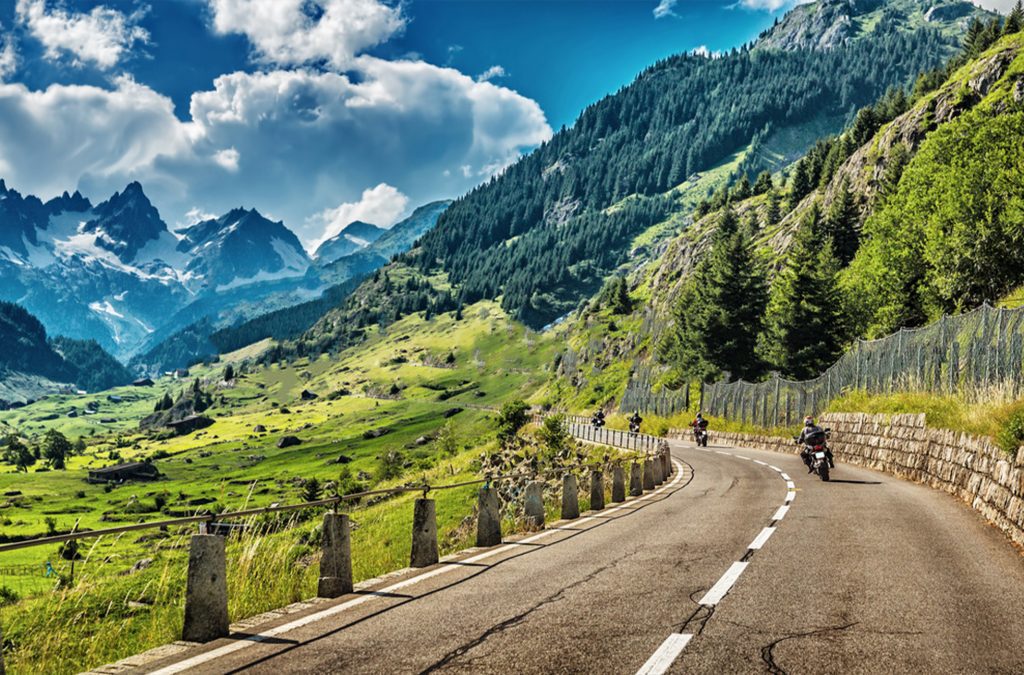 Motorcycle on a winding mountain road in the Spanish Pyrenees