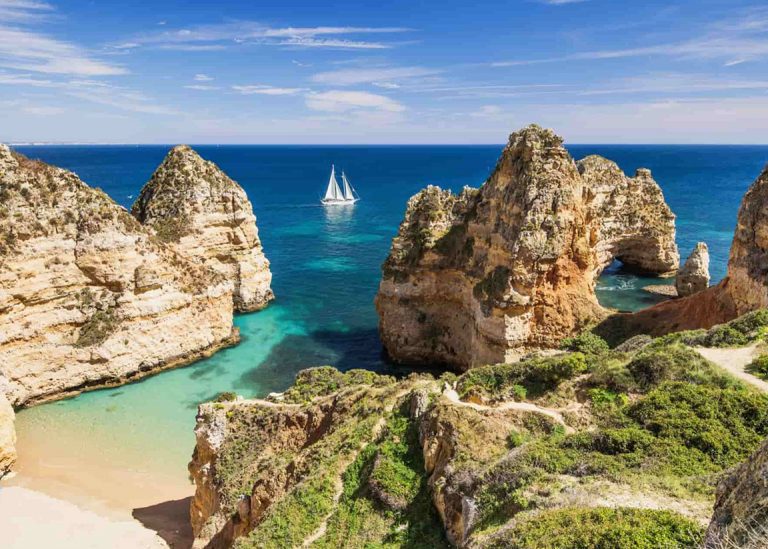 Sea stacks on the Algarve coast in Portugal