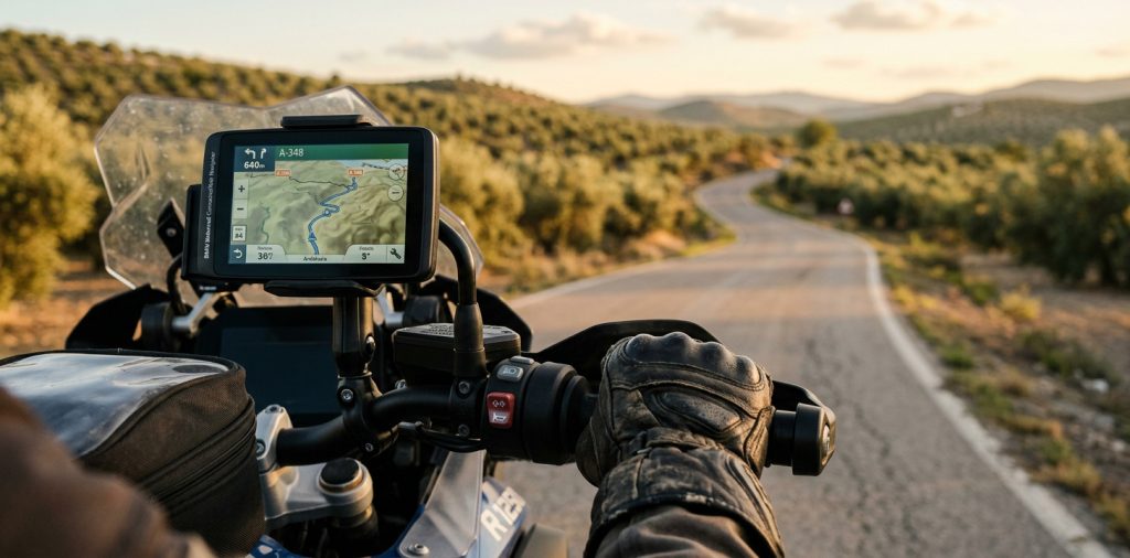 Handlebar-mounted GPS on a BMW GS motorcycle on a quiet country road in Spain