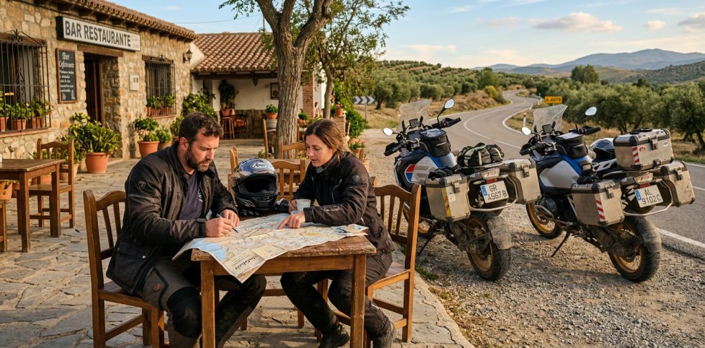 Two motorcycle riders planning their self-guided route with a paper map at a café in rural Spain