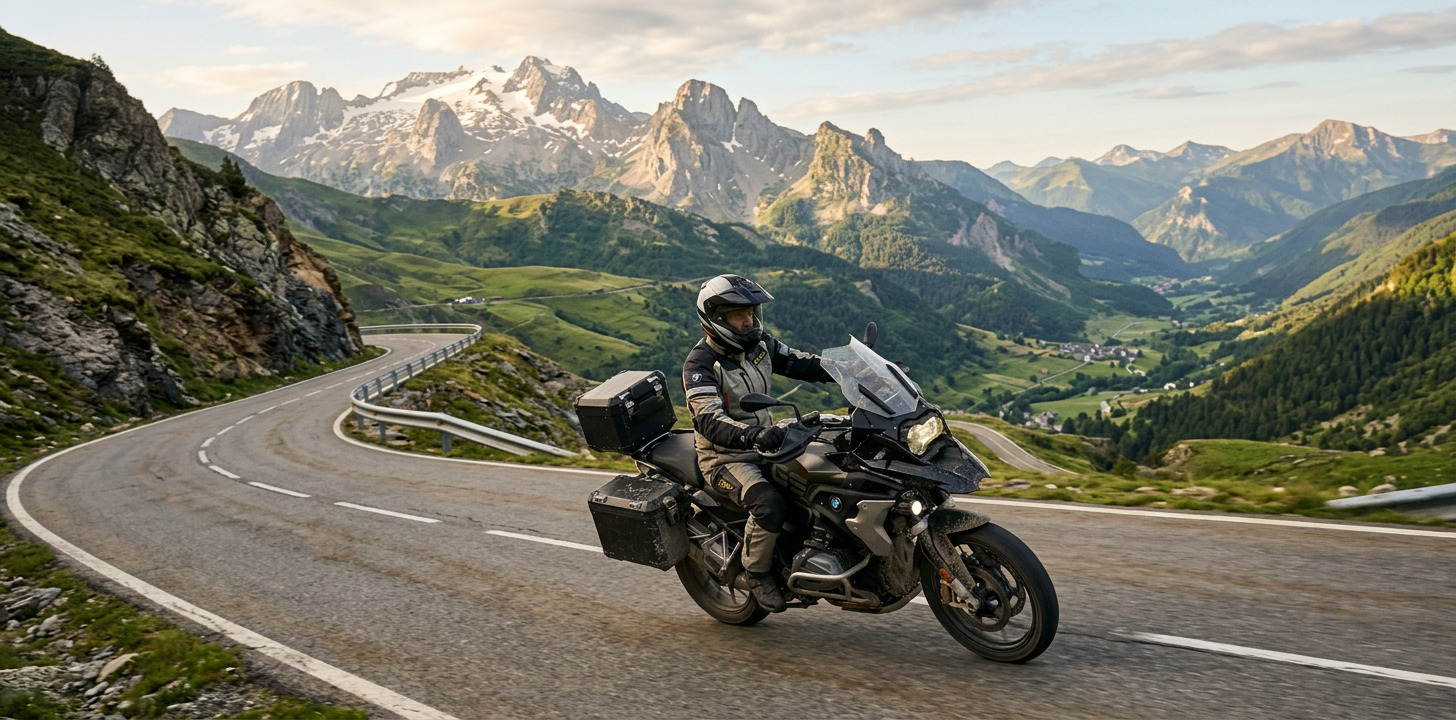 Rider on a BMW adventure motorcycle on a winding mountain road in the Spanish Pyrenees
